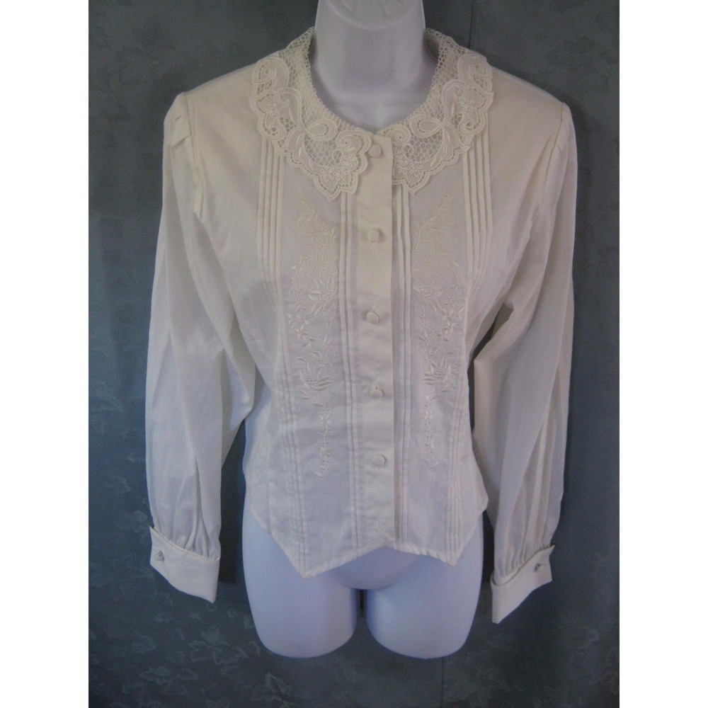 Vintage Laura & Jayne Blouse Size 8 Lace Collar Tie Back French Cuffs Pleated